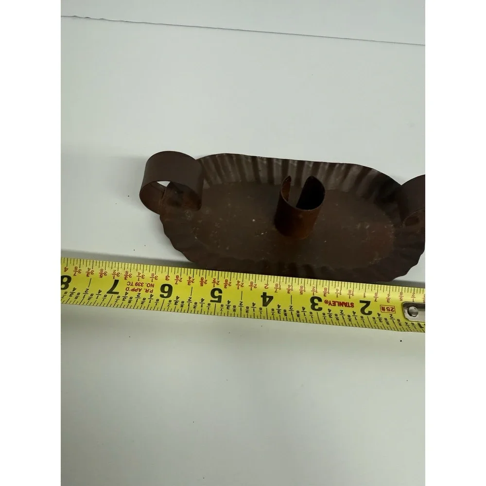 Primitive Rustic ‎  Pillar Candle Fluted Tin Pan Candlestick Handle